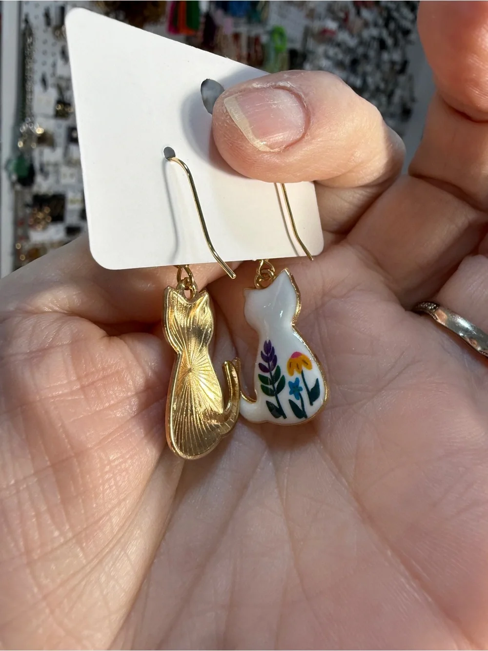 Hand-Painted White Cat Floral Dangle Earrings - Cute White Cat Earrings